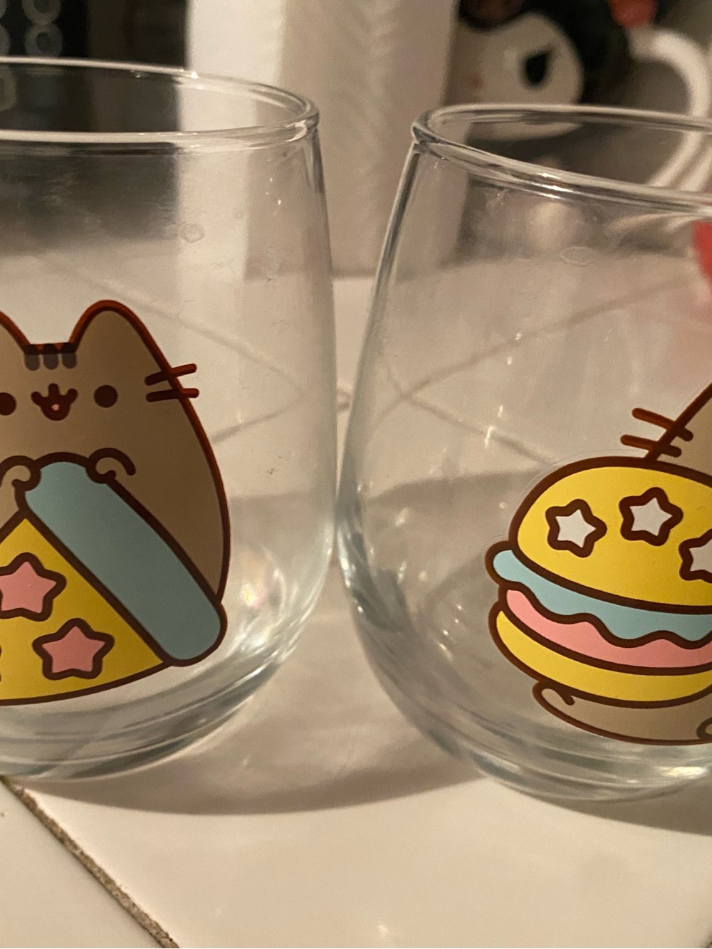 Pusheen Clear Glasses with Yellow, Blue and Pink Snack Art (Set of 2)